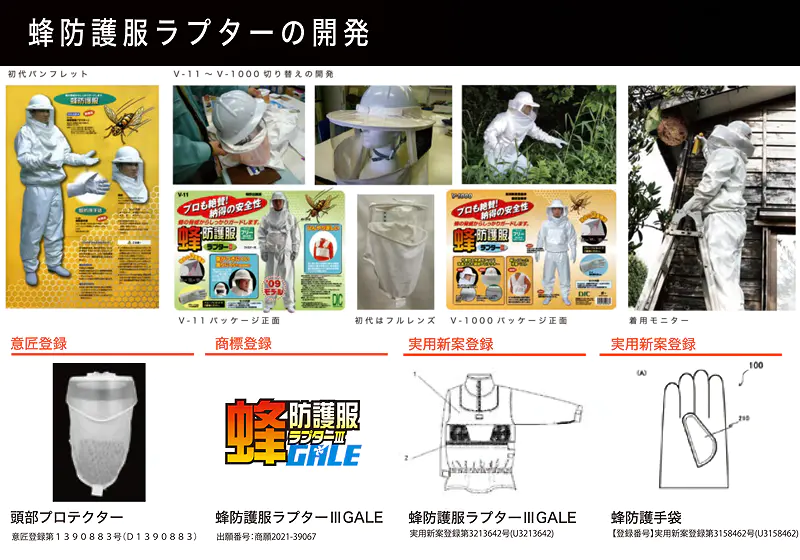 蜂防護服ラプターの開発 意匠登録 商標登録 実用新案登録